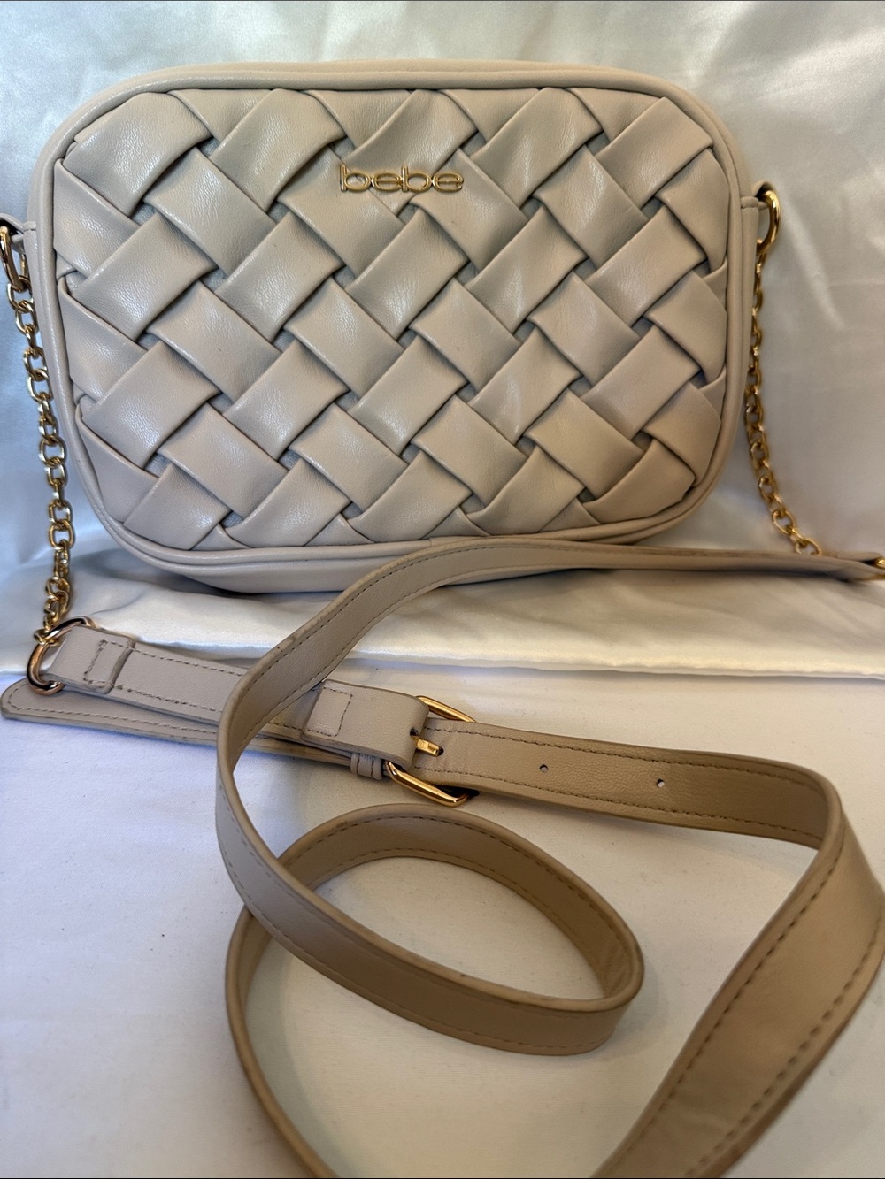 Bebe Woven Leather Crossbody Bag in Beige